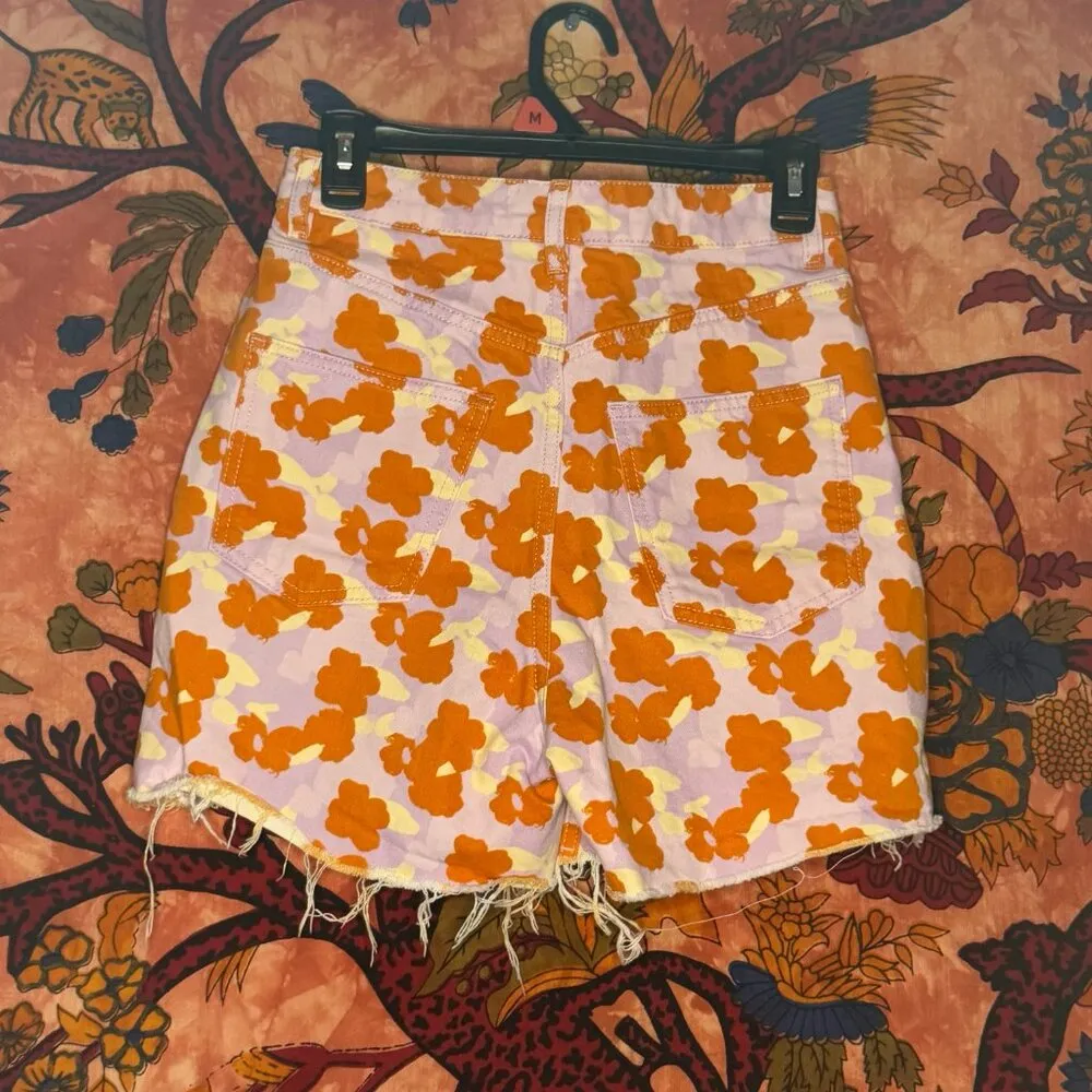 Orange and Pink Floral Denim High-Waisted Shorts - Image 2