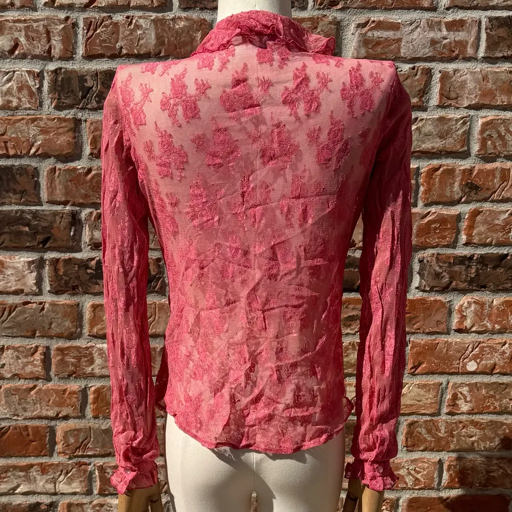 90s Gemilli sheer pink lace button down top with pearly buttons / size XS / EUC - Image 6
