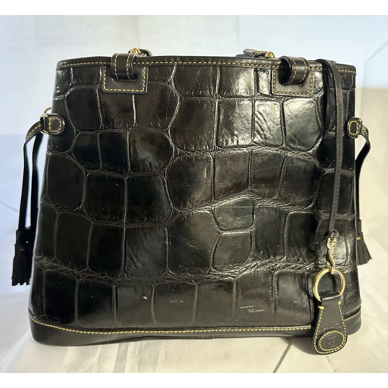 Dooney & Bourke Vintage Croco Embossed Black Leather Satchel Purse Tassels Large - Image 6