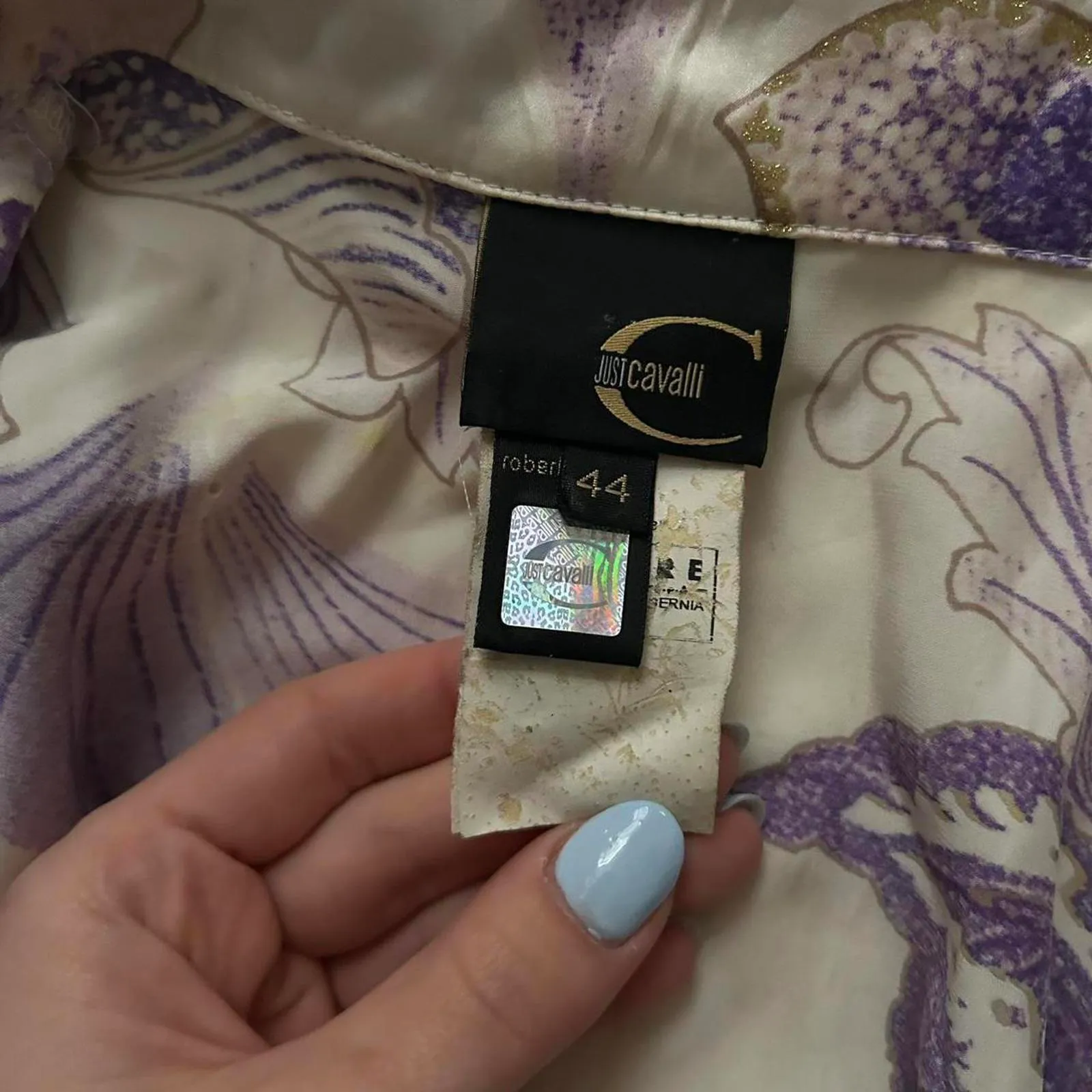 Just Cavalli Roberto Cavalli cream silk blouse purple gold floral print Size 44 - Image 2