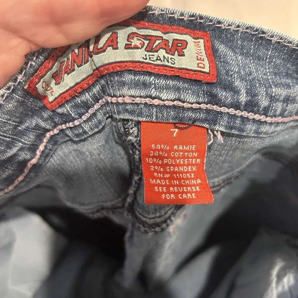 VTG Y2K Low Rise Flare Jeans Vanilla Star Jr‎ Size 7 Pink Stitches Rhinestones - Image 8