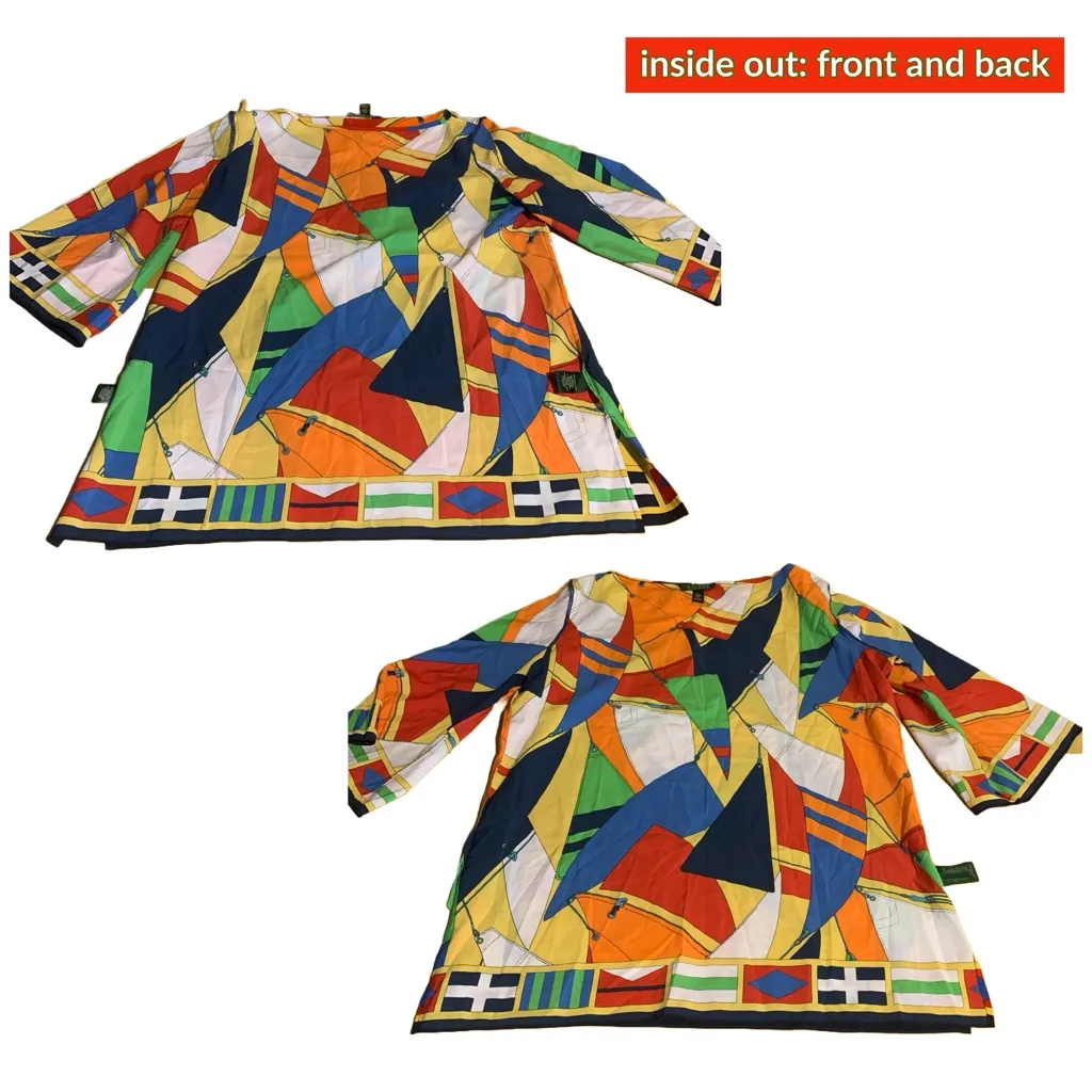 LAUREN RALPH LAUREN BRIGHT MULTI-COLOR "SAILS" NAUTICAL THEME TUNIC TOP (L) - Image 9