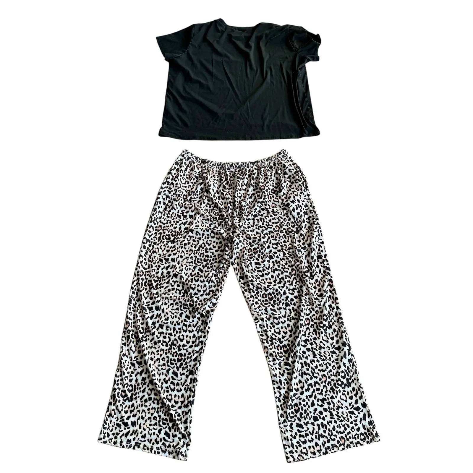 Ekouaer Women's 2XL Leopard Print Pajama Set Top and Wide Leg Pants Loungewear Black Size XXL - Image 9