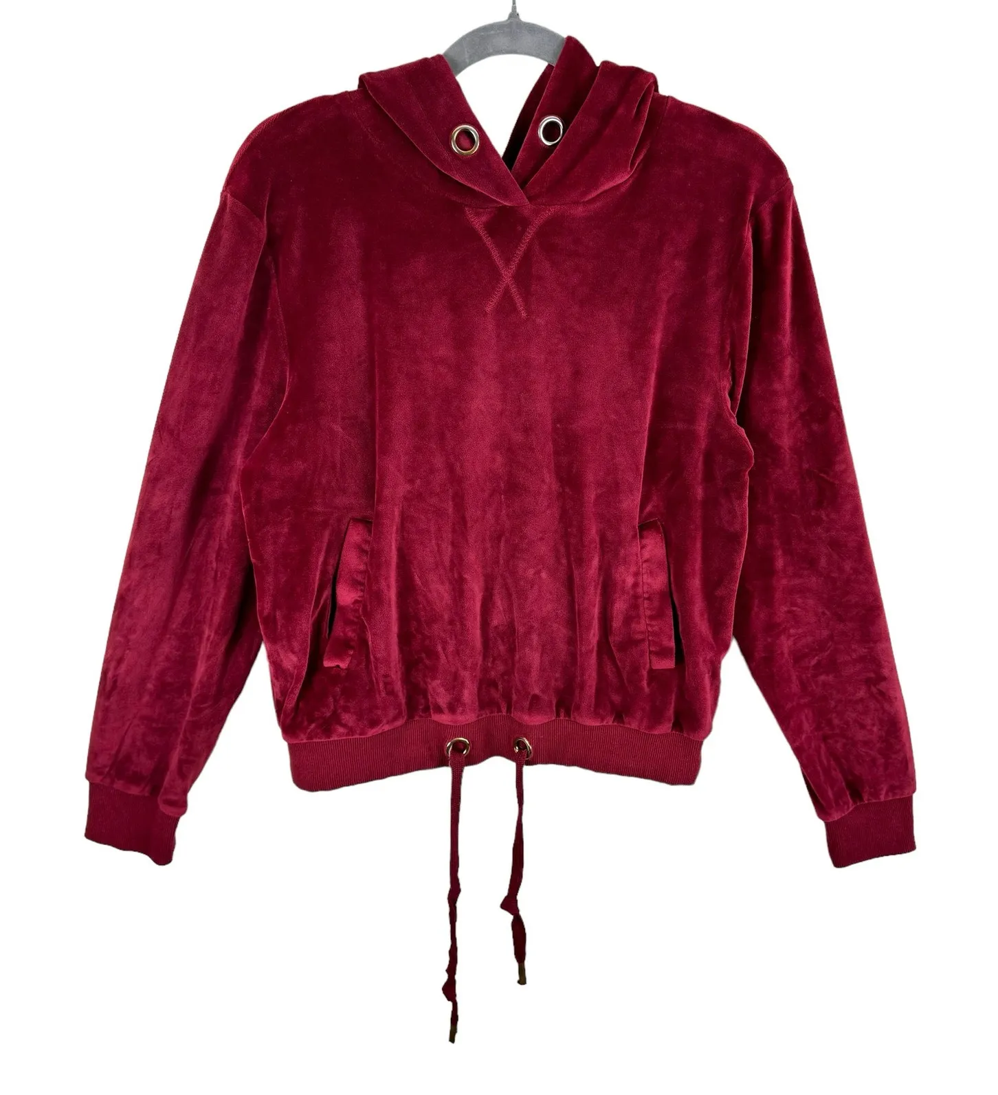 Mono B Red Hooded Plush Velour Long Sleeve Pullover Sweatshirt Pockets Size M Red Size M - Image 1