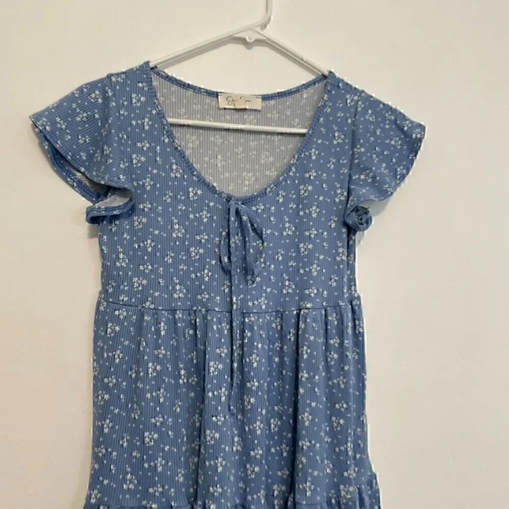 JESSICA SIMPSON Blue White Ditsy Floral Bow Flutter Sleeve Mini Babydoll Dress S - Image 4