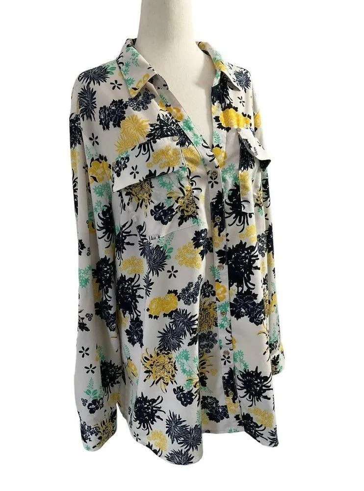 Charter Club Women Sz XL Button Down Shirt Collared Floral Roll Tab Sleeve 7-357 - Image 2
