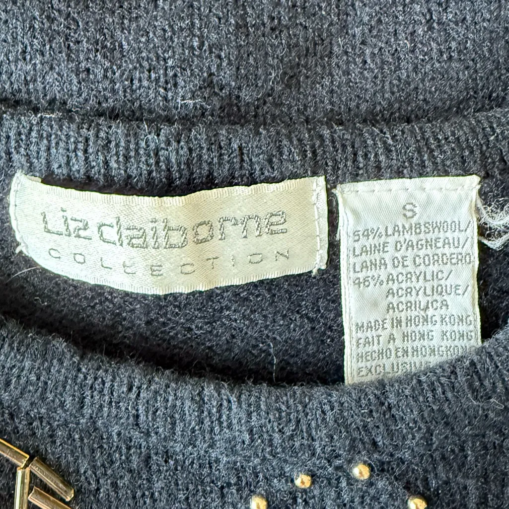 Liz Claiborne Black Labswool Beaded Pearl Sweater, Size Small - Image 3