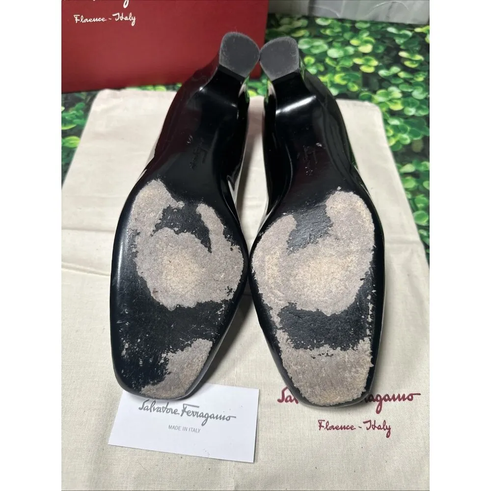 Salvatore Ferragamo Black Patent Leather Chunky Kitten Heels Pumps size 10 AA - Image 7