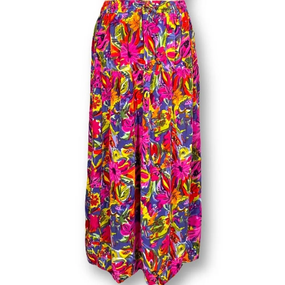 Vintage 90s Maxi Skirt Multicolored Tropical Floral Design Tiered Tie Front Pink Size L - Image 8