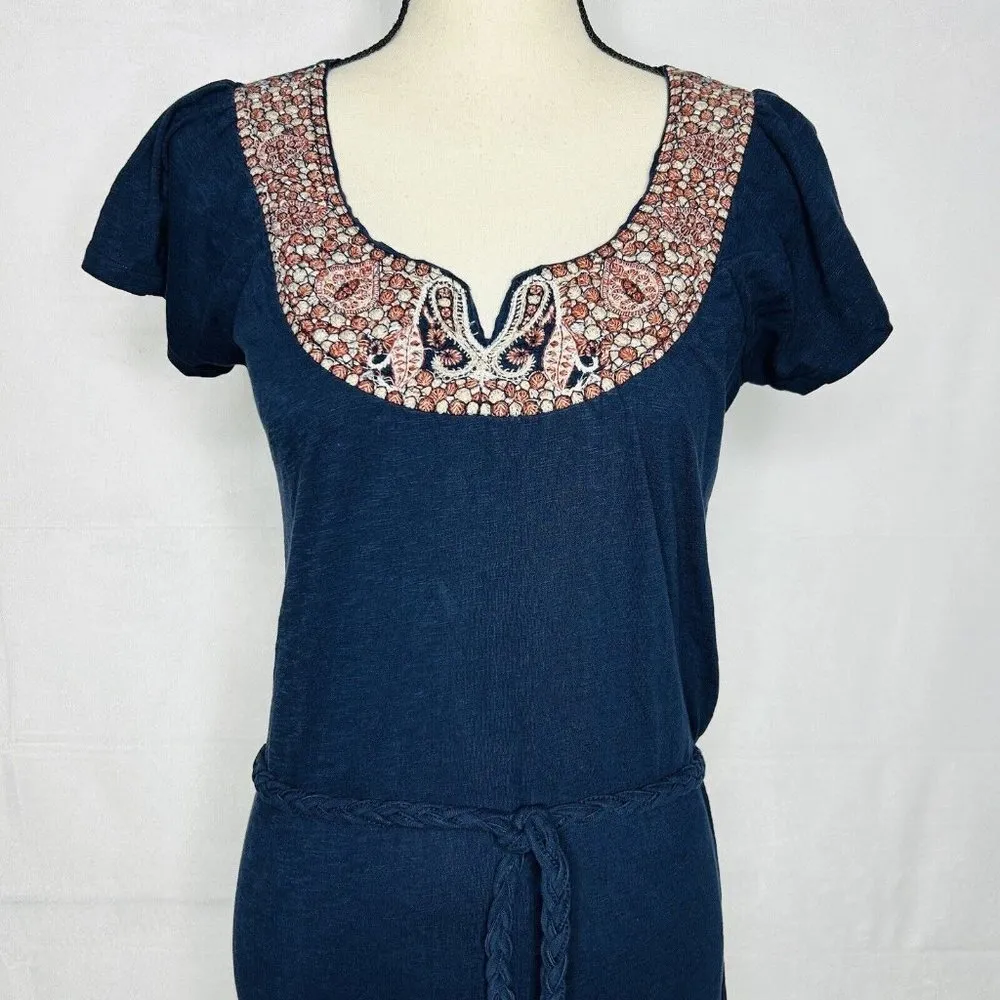 Lucky Brand Knit Dress Navy Blue Braided Belt Short Boho Cap Sleeve Sz M - Image 2