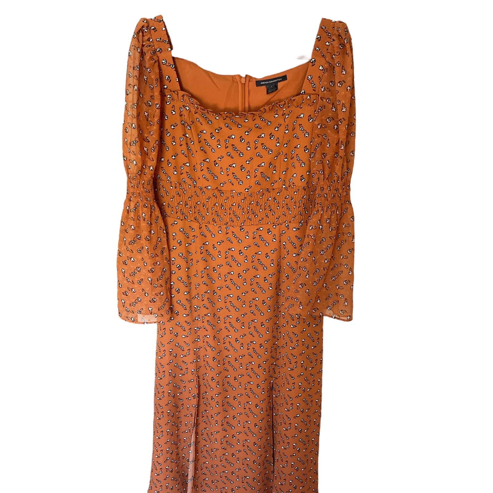 French Connection Dress‎ Orange Floral Square Neck Long Sleeve Midi - Image 2