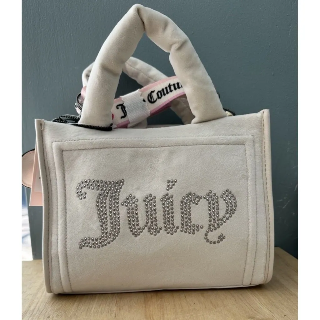Juicy Couture Cream Velour Diamond Extra Spender Tote Crossbody Velvet Bag - Image 7