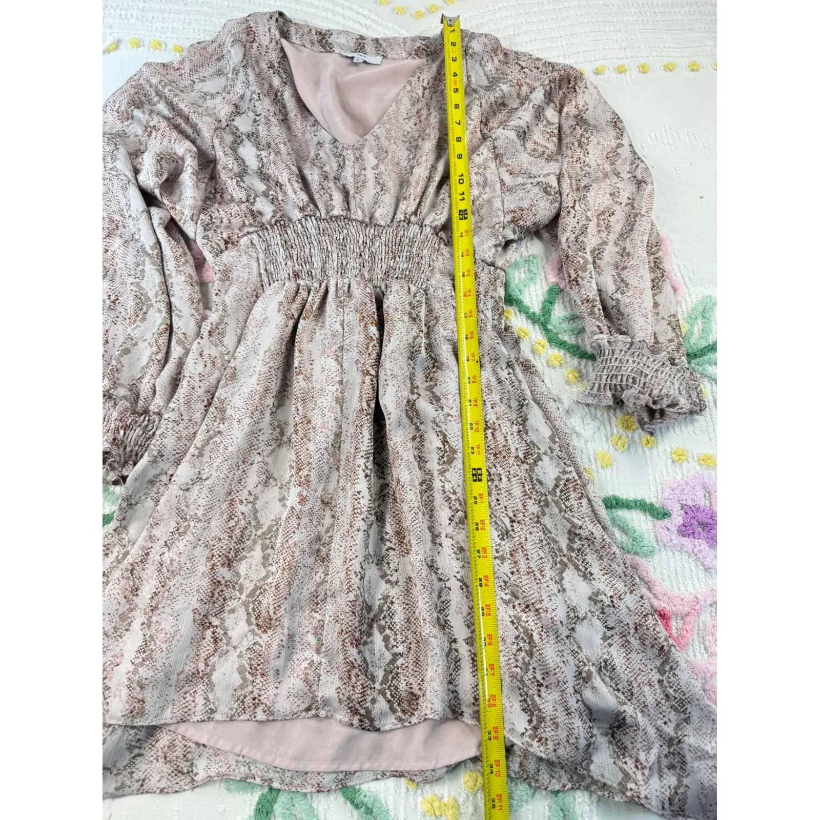 FATE Snake Print V Neck Long Sleeve Smocked Waist Mini Dress Women's Size L Tan Size L - Image 3