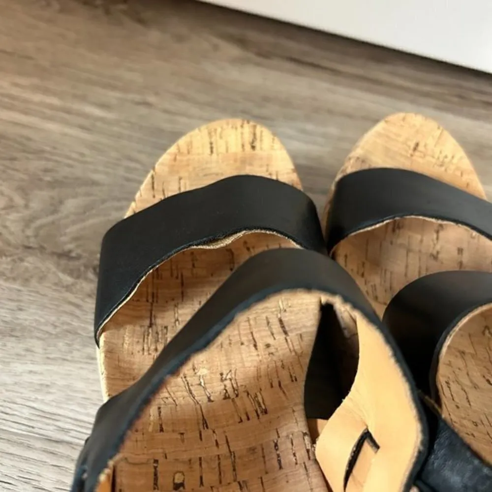 Korkease Black Leather Strap Cork Wedge Platform Sandals Size 7 - Image 5