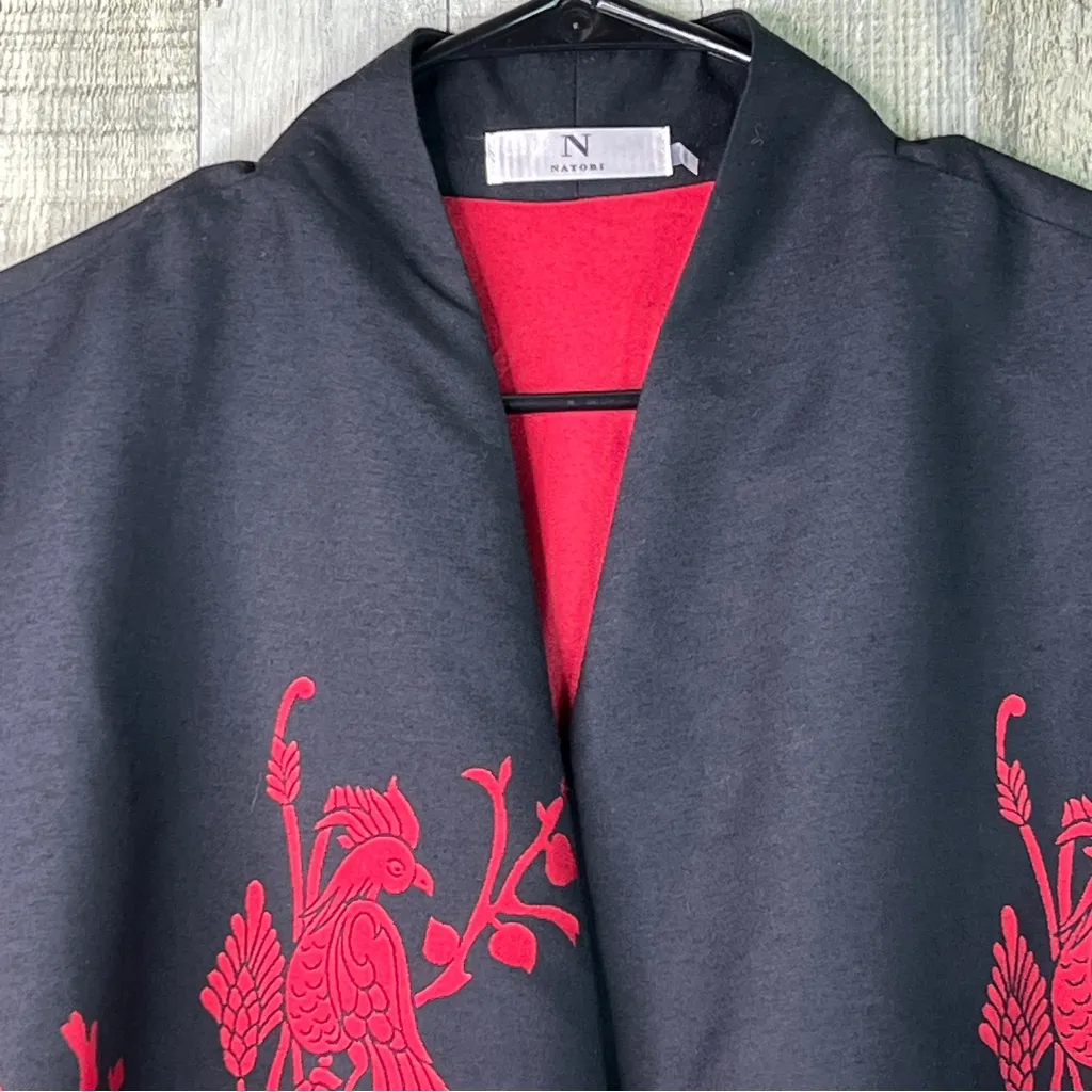 Natori Large Black & Red Peacock Floral Evening Jacket Blazer Pockets 3/4 Sleeve - Image 5