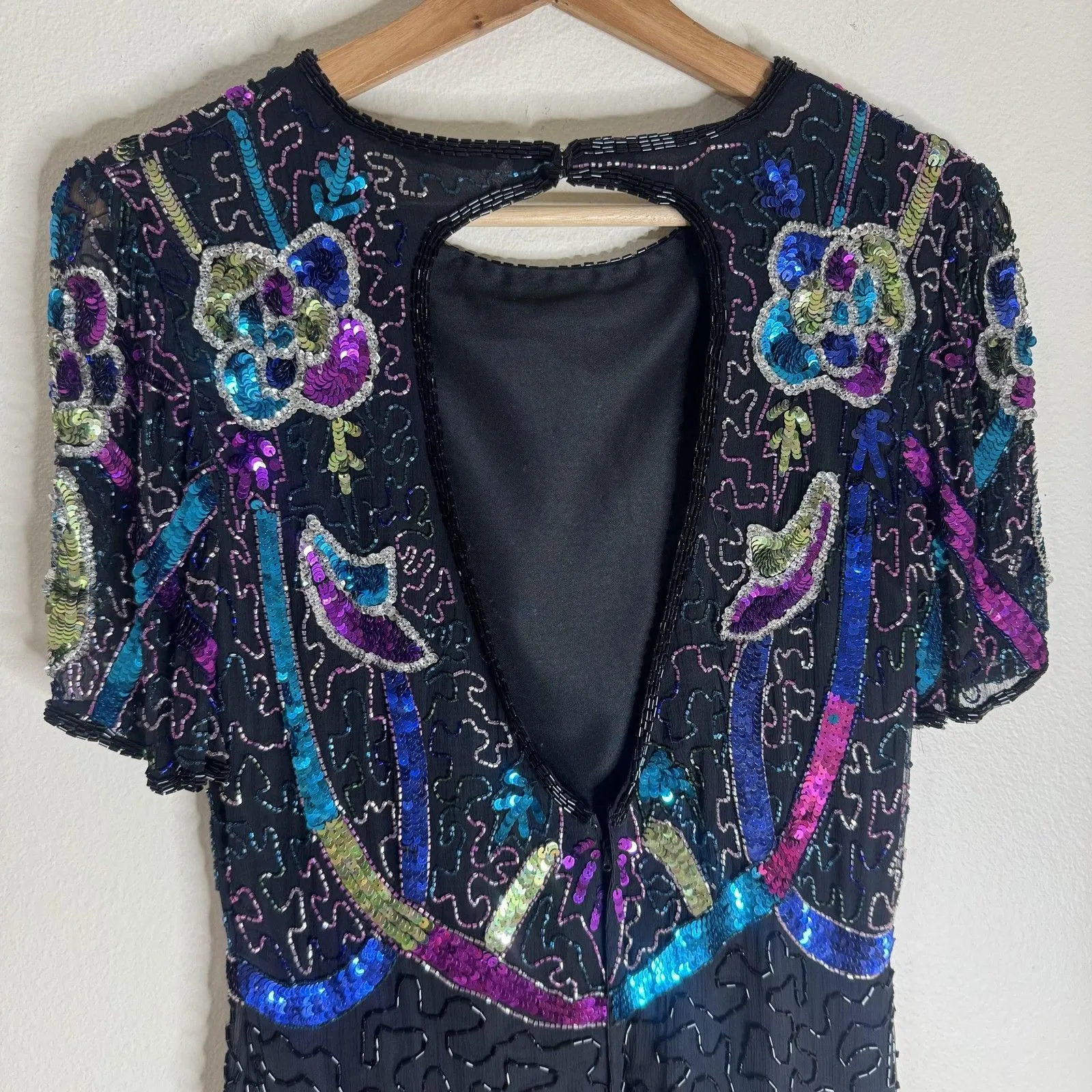 Vintage Swee Lo Dress Womens Small Black Sequin Beaded Cocktail Short Sleeve 90s - Image 9