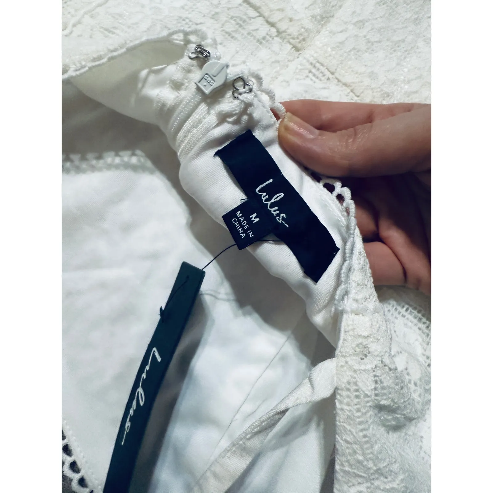 NWT Lulus Size Medium Definitely Lovable White Crochet Lace Tie-Strap Mini Dress - Image 7