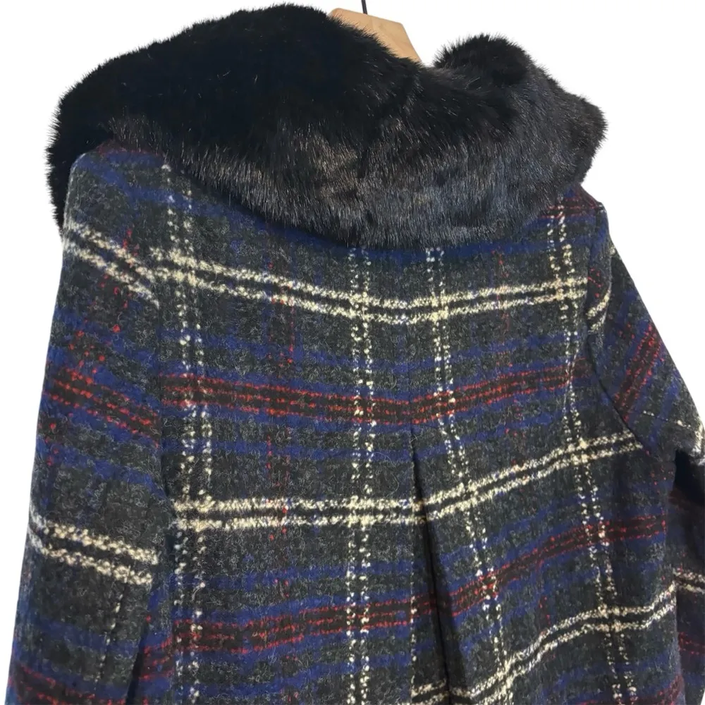 Women’s Sam Edelman charcoal plaid bouclé wool blend faux fur trim coat size 14 - Image 7