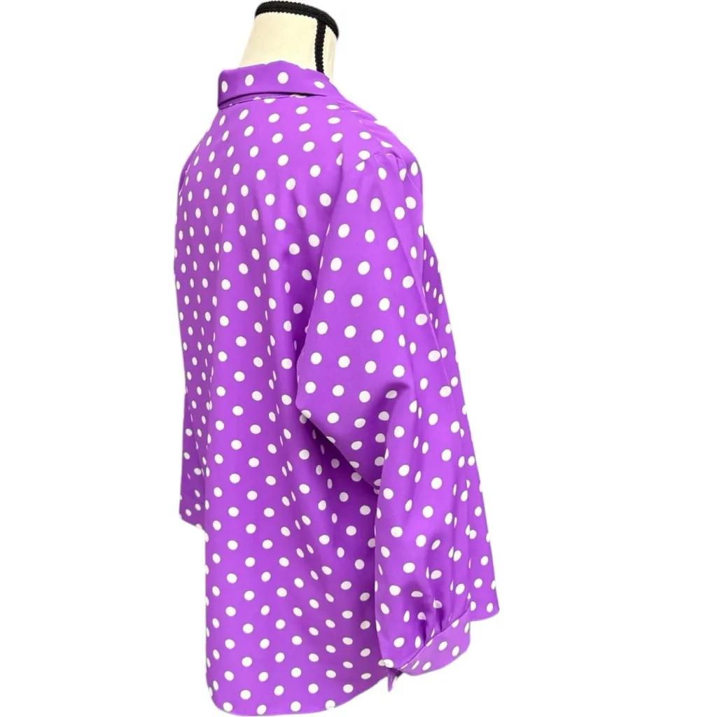 Vintage Purple Polka Dot Blouse White Dots Handmade Rose Button Front Top Size M Size L - Image 2