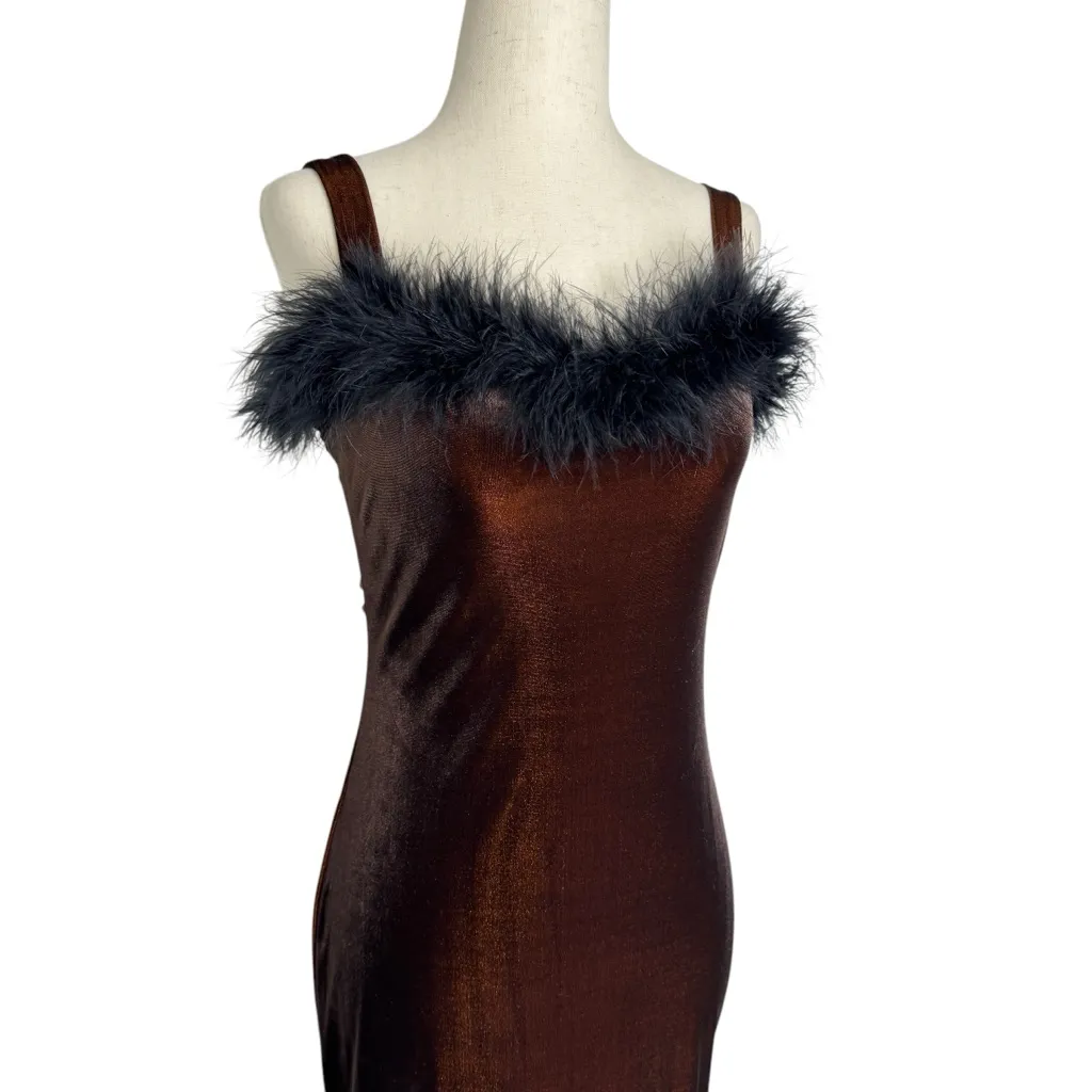 Vintage Beware Copper Velvet Feather Trim Midi Slip Party Dress Black Size M - Image 10