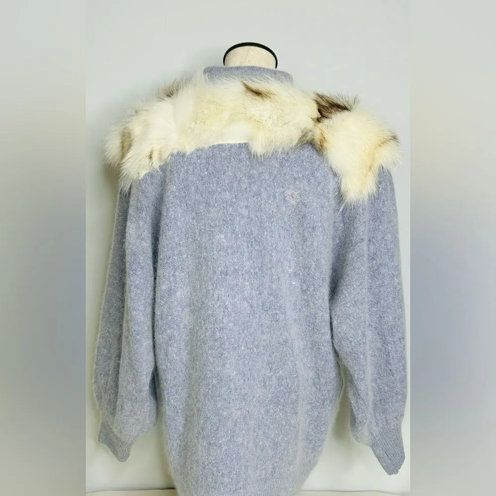 Rare Vintage Kamiran Gray Angora Button Up Sweater w/Full Taxidermy Fox Medium Blue - Image 14