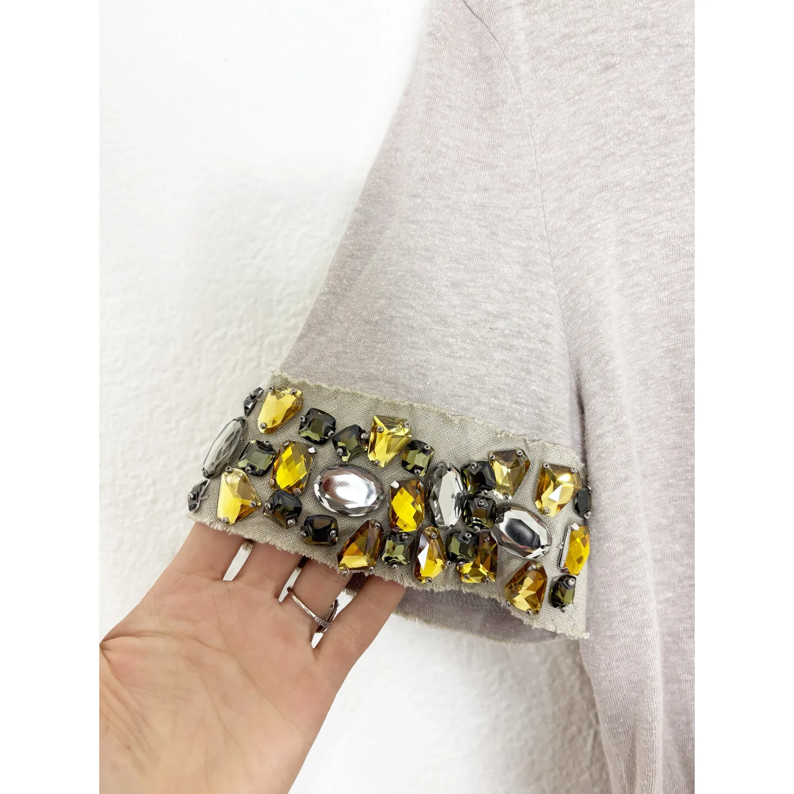 Tory Burch Hemp Cotton Jeweled Short Sleeve Size Large Beaded Cuff Lightweight - Image 7