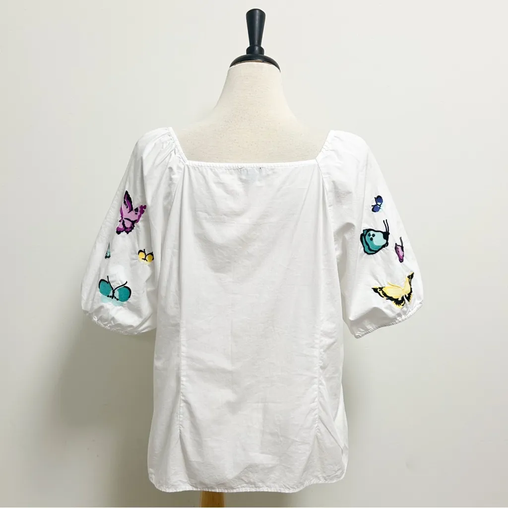 Talbots White Embroidered Butterflies Square Neck Elbow Puff Sleeve Poplin Top - Image 5