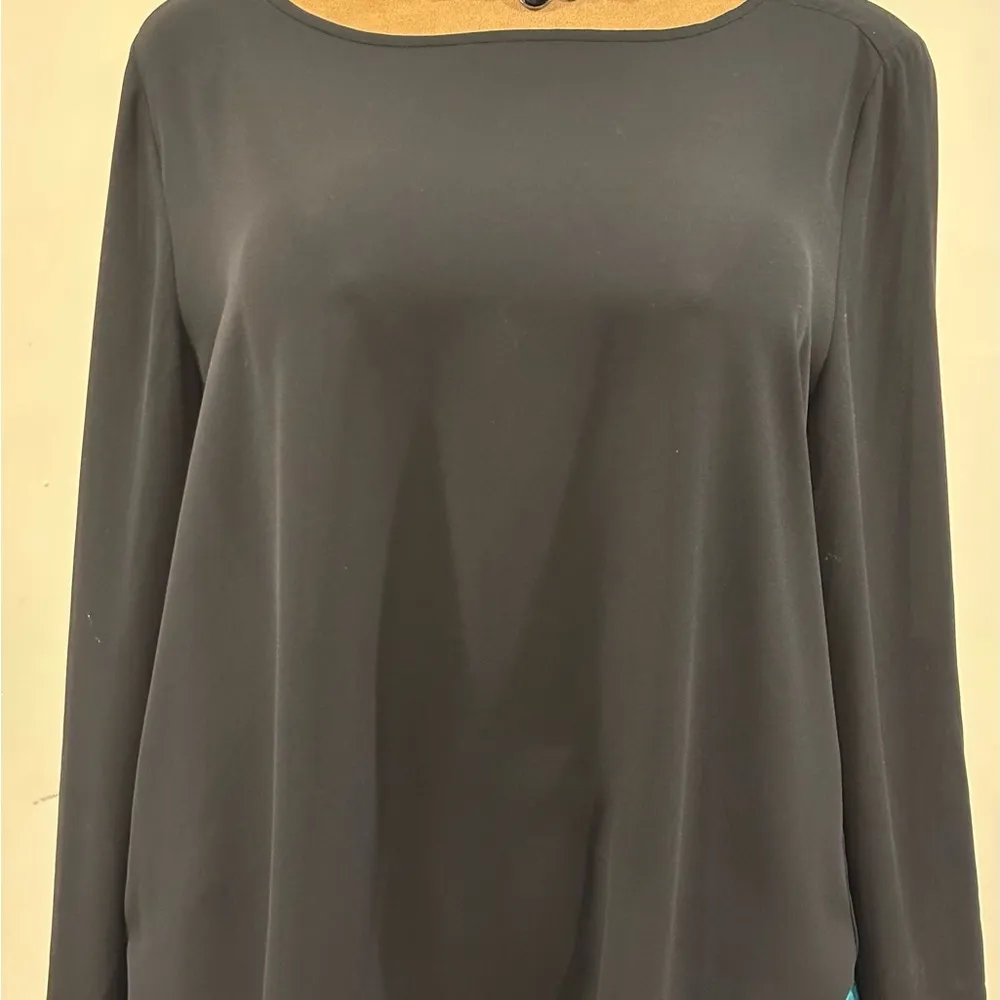 Loft Black Sheer Blouse Long Sleeves. Rolled Sleeve Tabs. Boat Neck Sz L. - Image 6