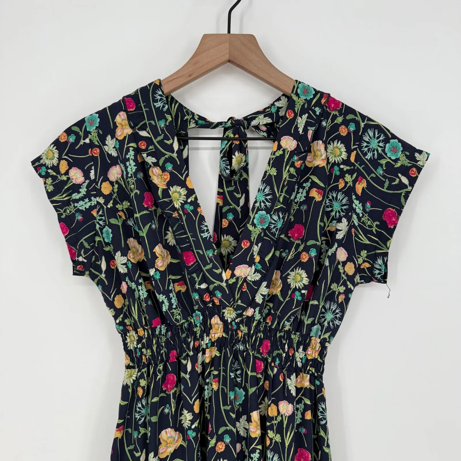 BETINA Floral Print Maxi Dress Deep V Neck Smocked Waist Tie Back Navy Black - Image 3