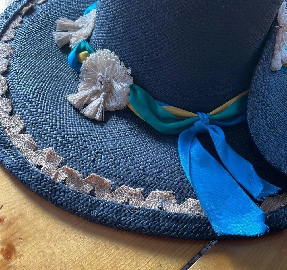 Von Henneberg Raffia Derby Hat Black with Ribbon Straw Floral Detail - Image 7