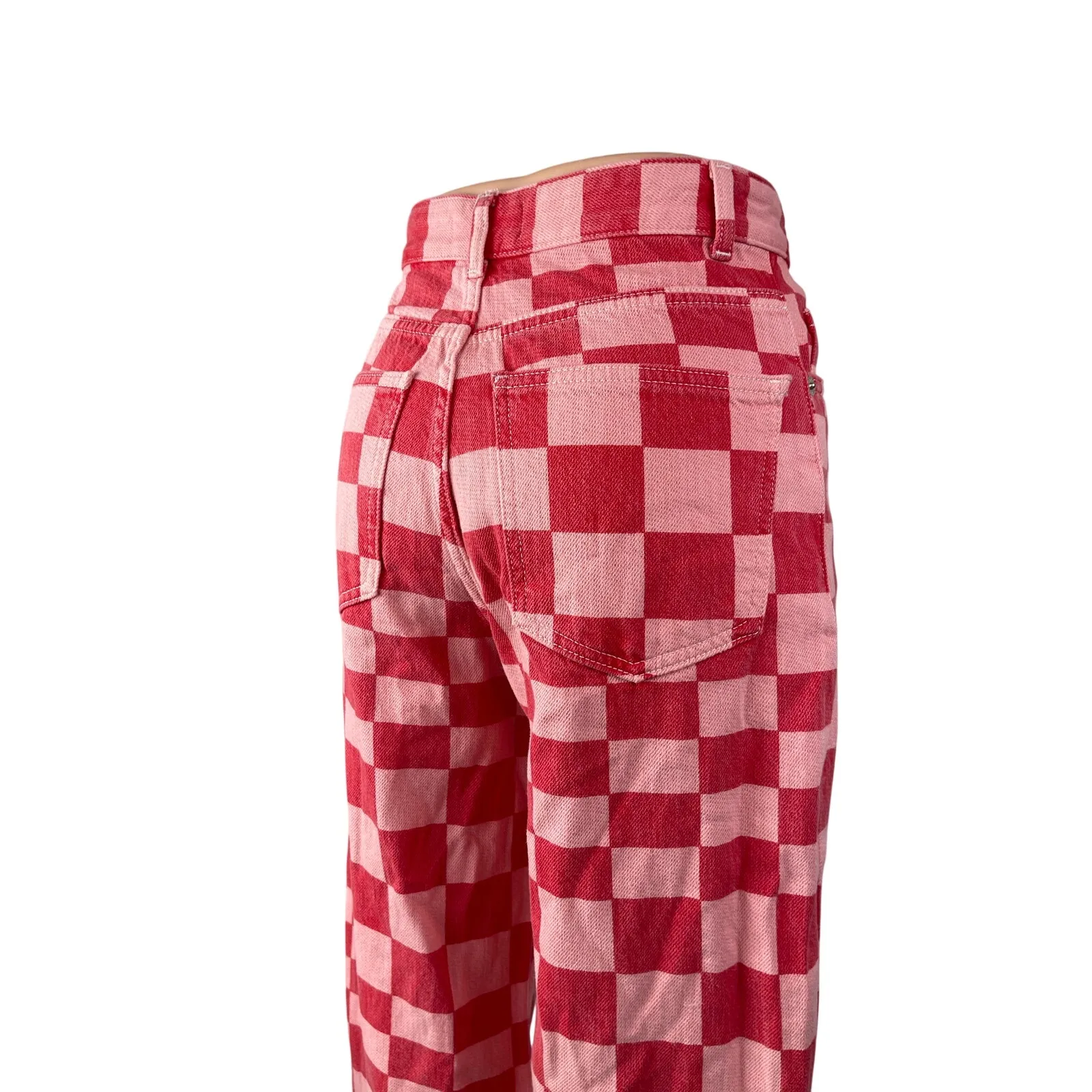 Zara Women's Pink Red Gingham Check High Rise Wide Leg Trousers Pants Size 2 - Image 4