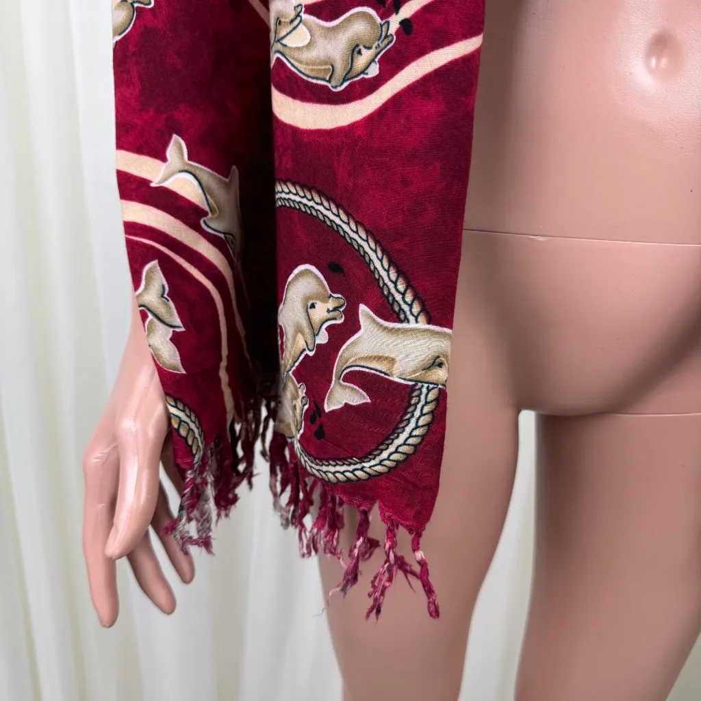 NWOT Women's Shore Line Dolphin Print Scarf Wrap Shawl Cape 66” x 45” Burgundy - Image 9
