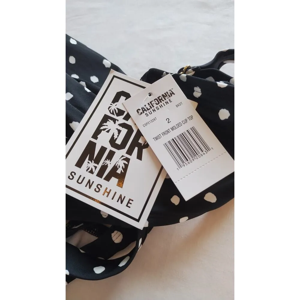 NWT California Black/white polka dot twist front molded cup bikini top size 2 Black - Image 9