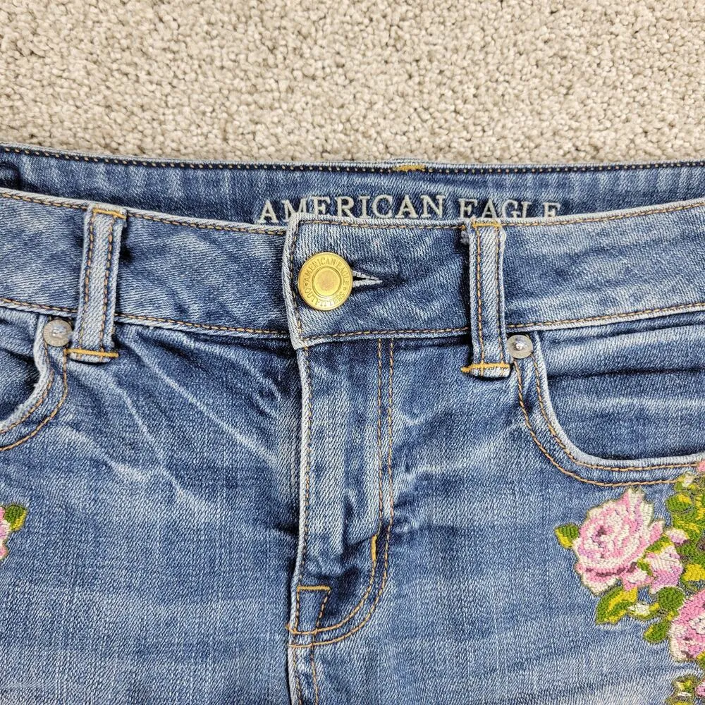 American Eagle Women Cutoff  Jean Shorts 4 Blue Stretch Denim Floral Embroidered - Image 9