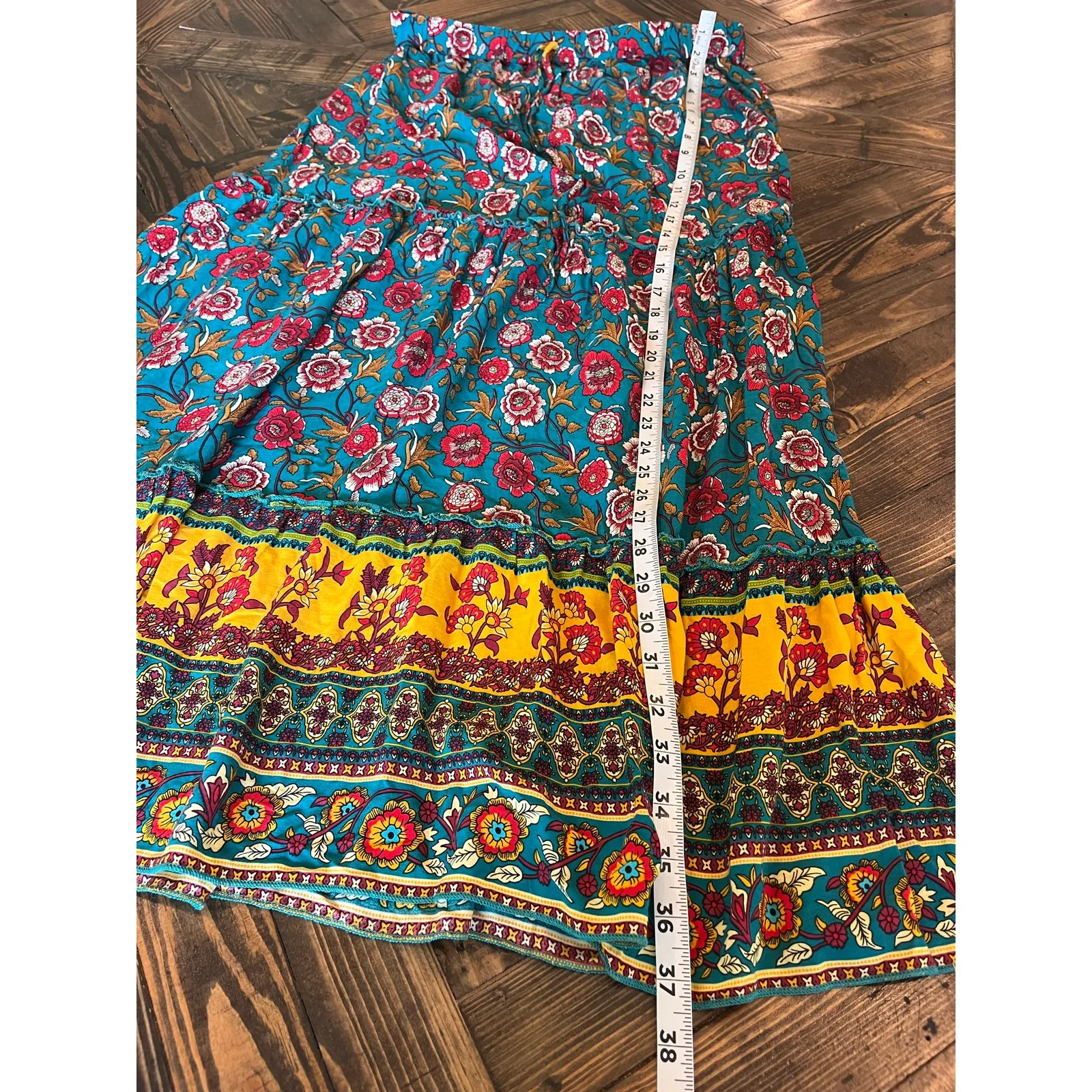 Boho Western Cottage Floral Tiered Broom Skirt Women Large Light Southwestern Green - Image 5