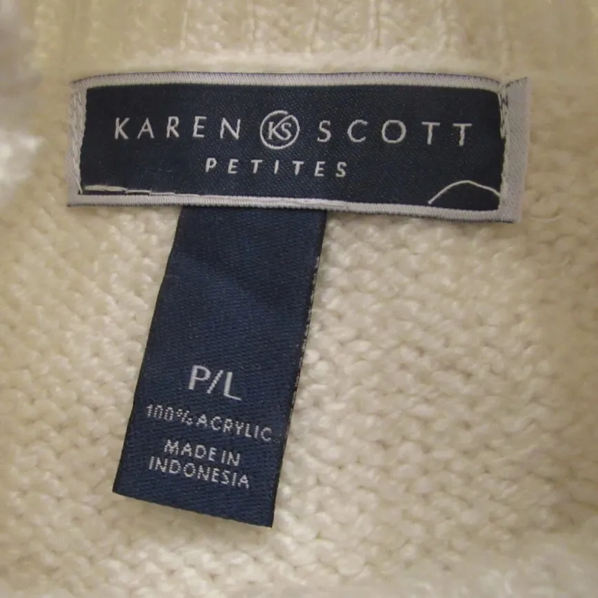 KAREN SCOTT Cable Knit Sweater Eggshell Pullover Pearl Button Size Large Petite - Image 5