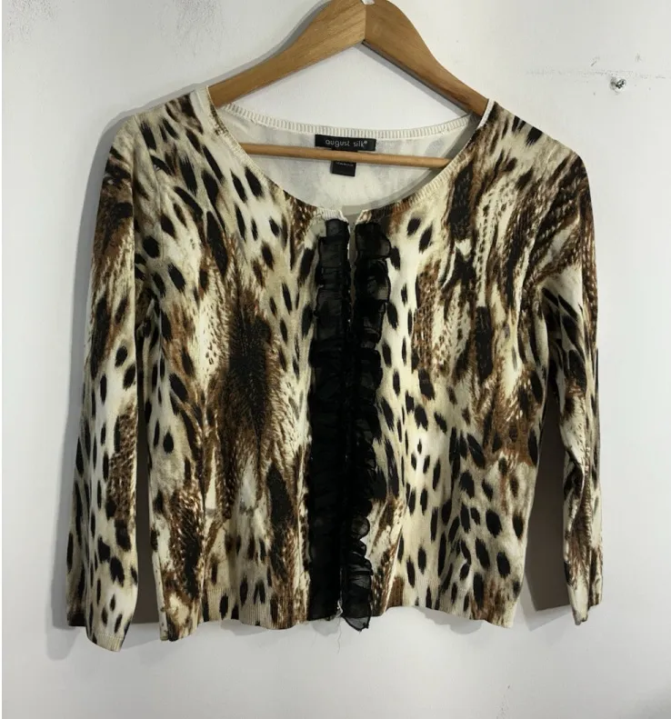 Womans August Silk Medium Animal Print Long Sleeve Clip Front Ruffles Cardigan - Image 1