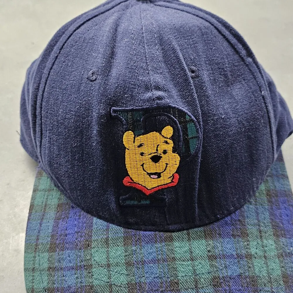 Vintage Winnie The Pooh Adult Size Hat Cap Snap Back Adjustable Plaid Navy - Image 2