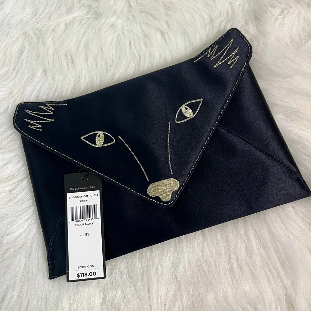 BCBGMAXAZRIA New!  Foxy Fox Face Envelope Clutch Evening Bag Black Satin - Image 3
