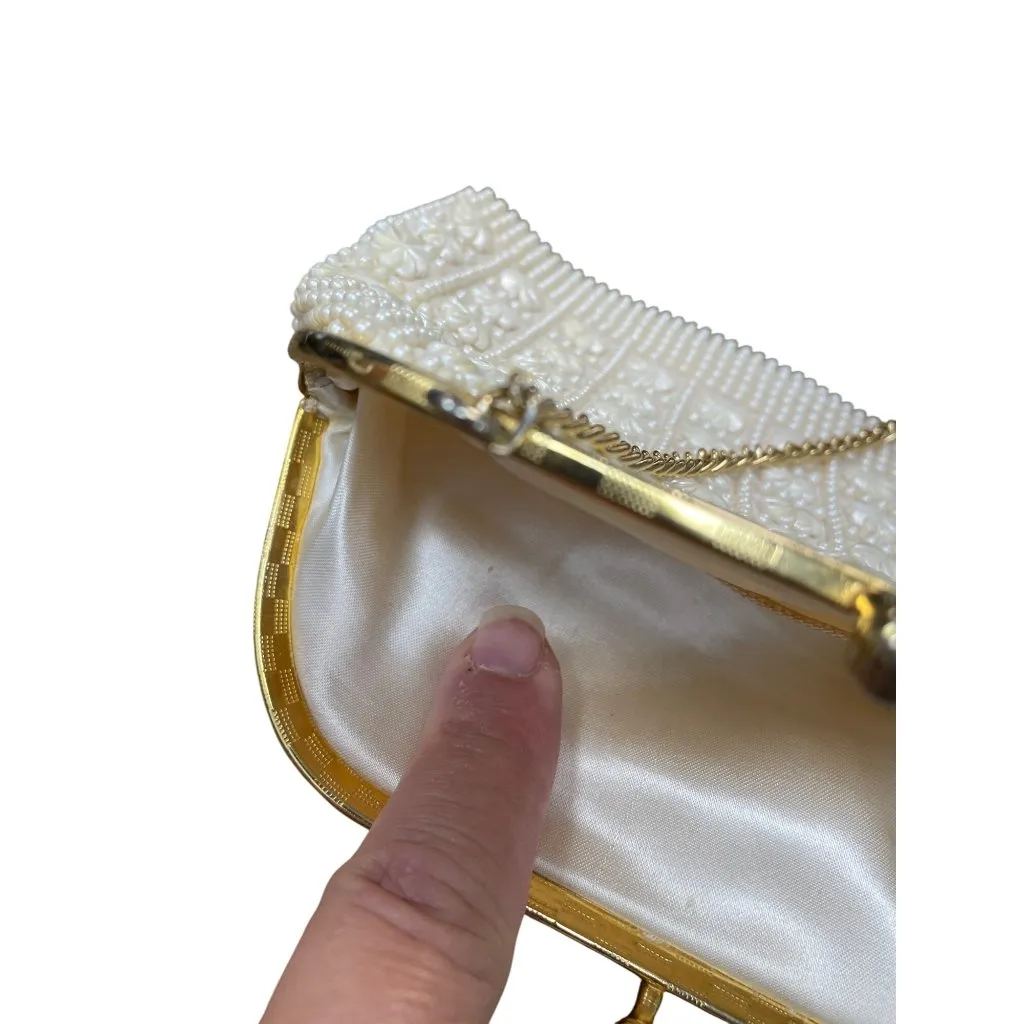 Vintage Honk Kong Pearl Flower Beaded Evening Clutch Purse SKU 9477 White - Image 14