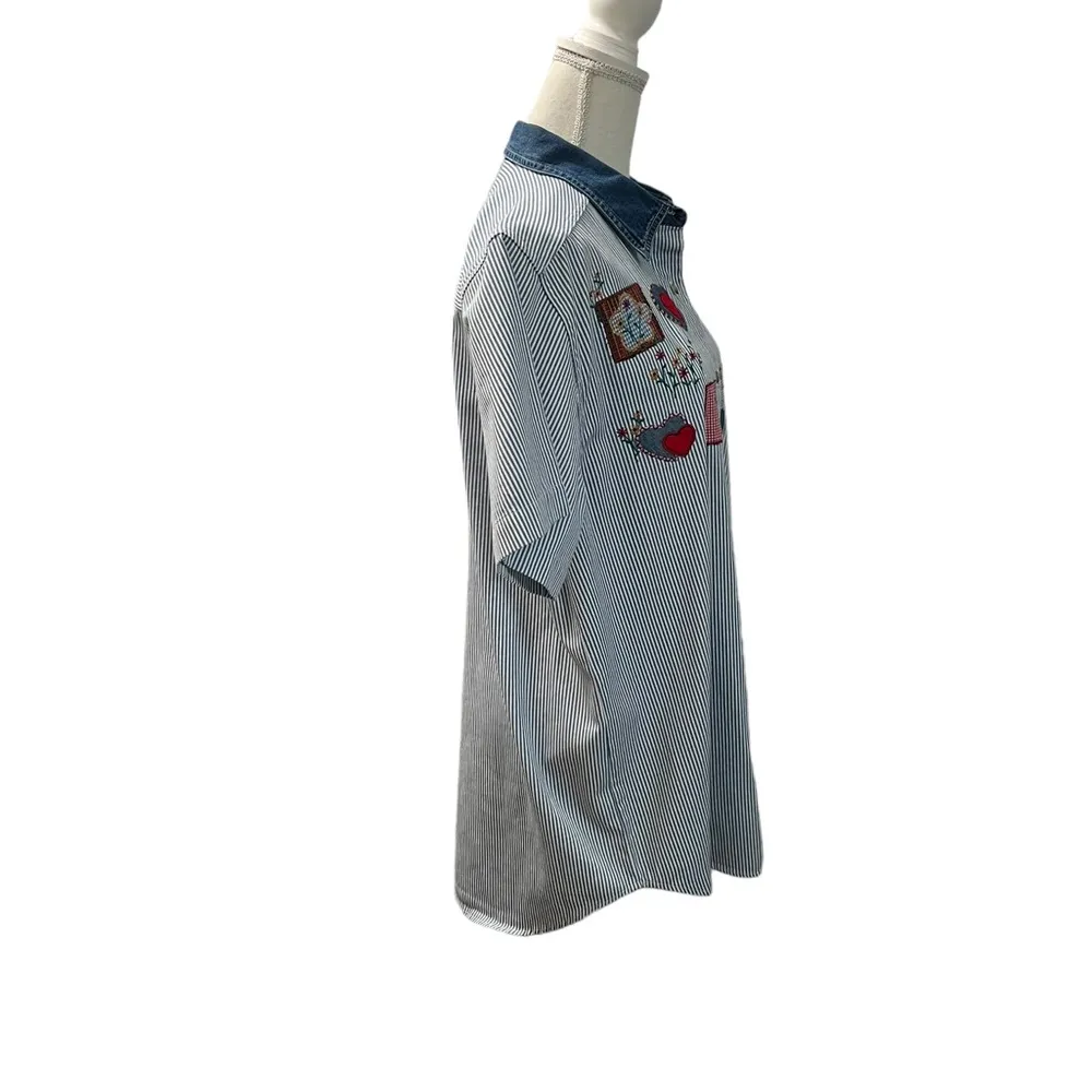 Quizz Again & Co. Denim Cottagecore Flowers Hearts Stars Embroidered Shirt Blue Size L - Image 3