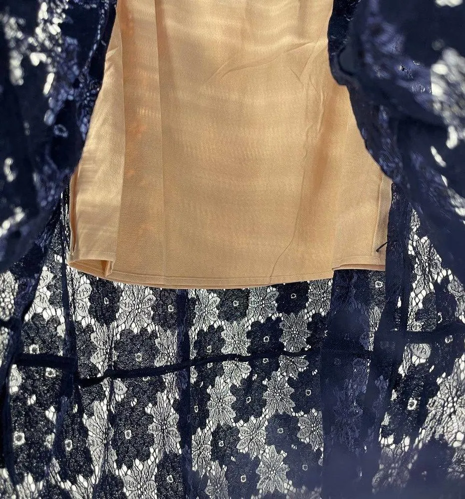 Foxiedox  NAVY BLUE LACE BEIGE LINED LONG SIDE ZIP SKIRT MEDIUM - Image 5