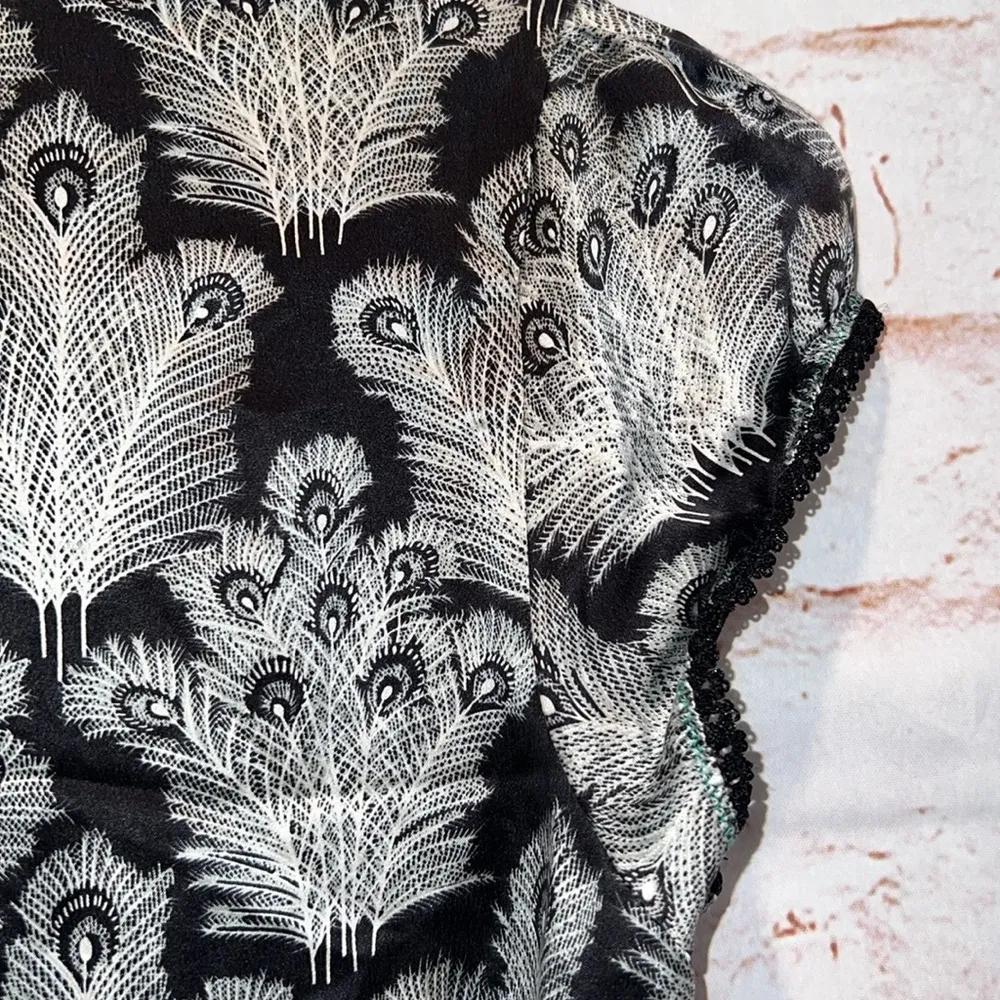 Free People Shirt Womens 0 Black Gray Peacock Feathers Silk Blouse Keyhole - Image 7