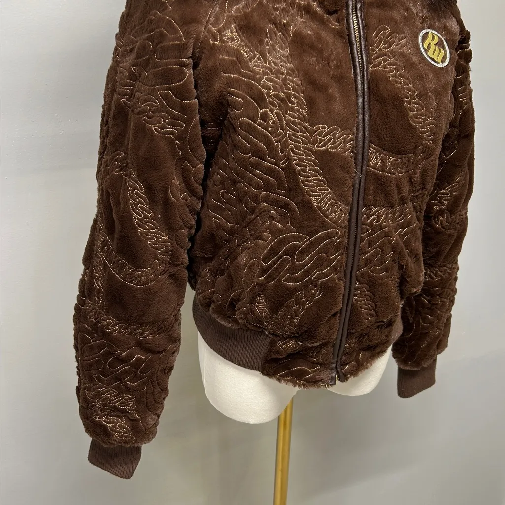 Rocawear Y2K Brown Puffer Jacket Down Fill Fur Hood 2000s Streetwear Size Small - Image 3