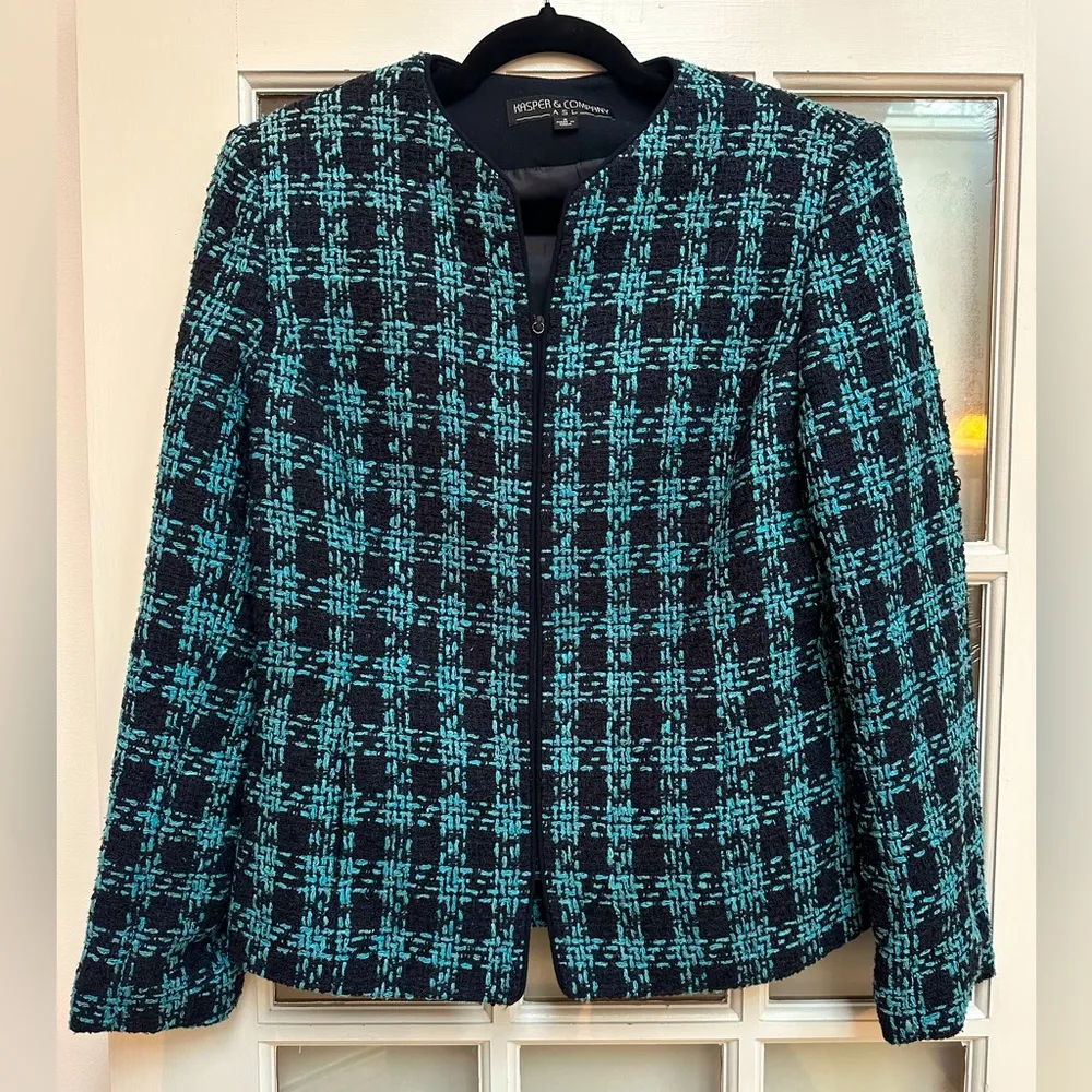 Kasper & Company Blue Black Jacket Chunky Knit Houndstooth Tweed Silk Size 8 Med - Image 9
