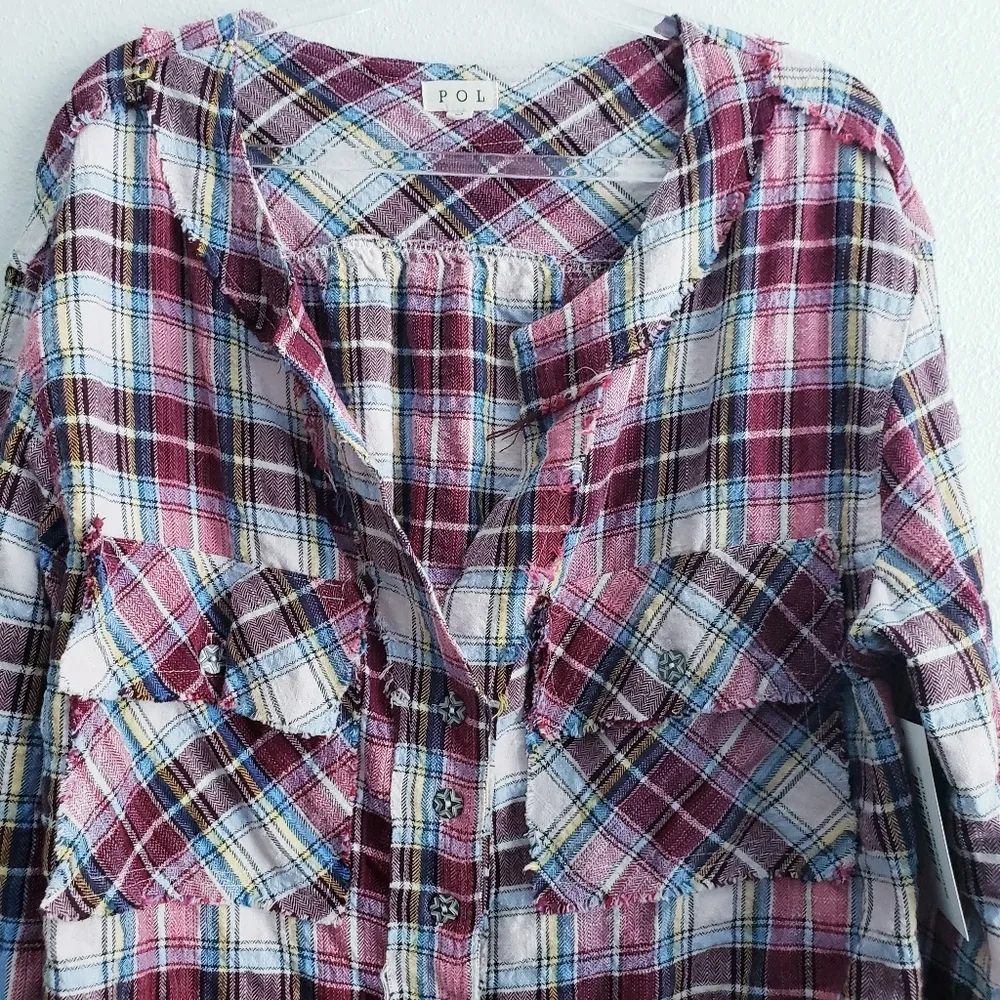 POL Plaid Button Down Embroidered Long Sleeve Top - Image 3