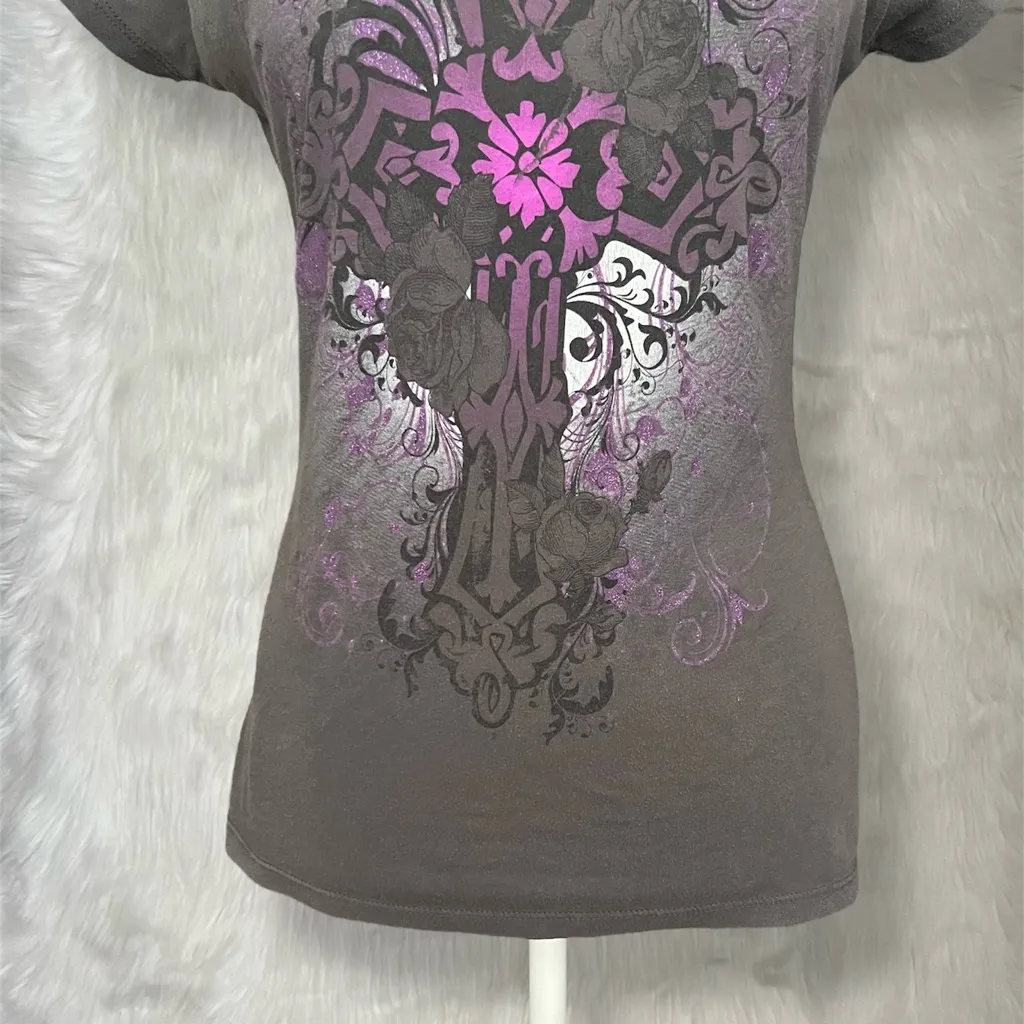 Hybrid Dark Grey Goth Grunge Graphic Tee with Cross and Purple Shimmery Accents - Image 4