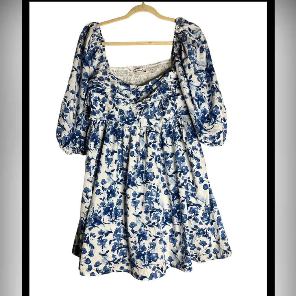 Abercrombie & Fitch Emerson Poplin Puff Sleeve Mini Dress in blue floral SZ XLT - Image 3