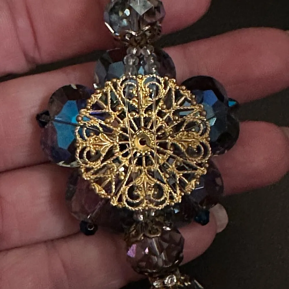 Vintage Kaleidoscope Crystal Beaded Collar With Flower Pendant Pink - Image 7