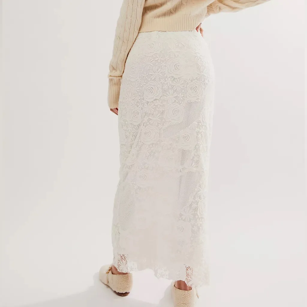 Free People Lace Embrace Column Floral Maxi Skirt White Size Small - Image 2